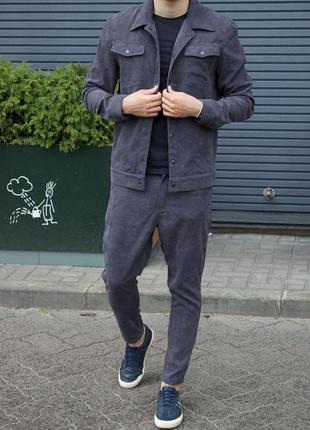 Мужской весенний вельветовый костюм премиум качества рубашка пиджак и штаны серый графит3 фото