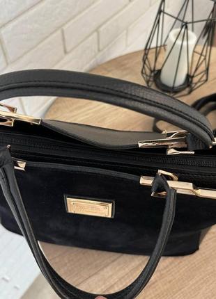 Большая женская замшевая сумка черная, сумка на плечо замша классическая6 фото