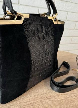 Женская замшевая сумка черная через плечо под рептилию, сумка из натуральной замши черная4 фото