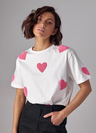 Женская трикотажная футболка с сердечками - молочный цвет, s (есть размеры)7 фото