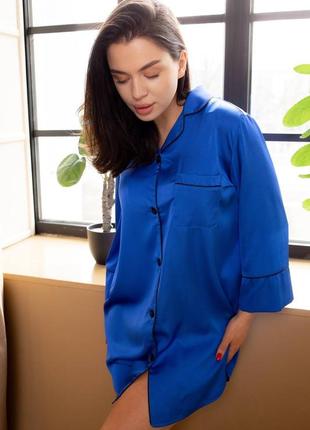 Сатиновая ночная рубашка ночнушка синяя электрик на пуговицах8 фото
