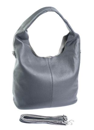 Женская кожаная сумка серого цвета очень большая и вместительная