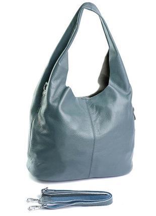 Женская большая сумка из натуральной кожи синего цвета