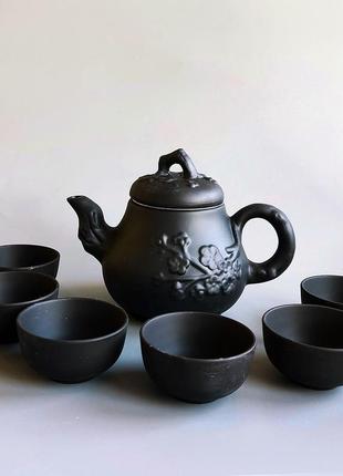 Чайный набор глиняный с ситом для китайской чайной церемонии на 6 персон сакура (чёрная глина)1 фото