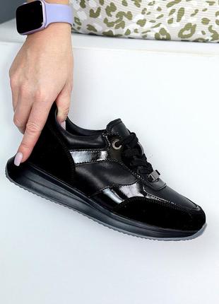 Стильные комбинированные черные кроссовки натуральная кожа глянец + замша