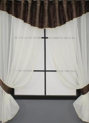 Кухонна фіранка (280х170см) з ламбрекеном та підв'язками. колір коричневий з білим1 фото