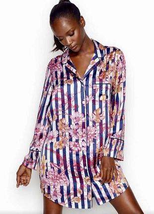 Халат сорочка victoria secret satin slip blue stripes floral print