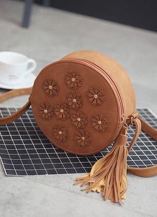 Жіноча кругла сумочка з квітами коричневий мини сумка маленькая сумочка клатч с цветами серый коричн4 фото