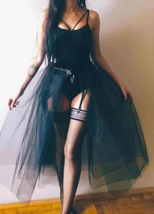 Черная миди юбка хвост, фатиновая юбка шлейф3 фото