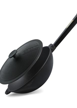 Сковорода чугунная с деревянной ручкой black и чугунной крышкой wok 2,8 л