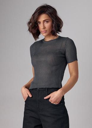 Женская футболка с ажурной вязкой полупрозрачная в стиле zara темно-серая