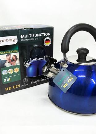 Чайник rainberg rb-625 з неіржавкої сталі зі свистком 3 л красивий чайник для газової плити. колір: синій4 фото