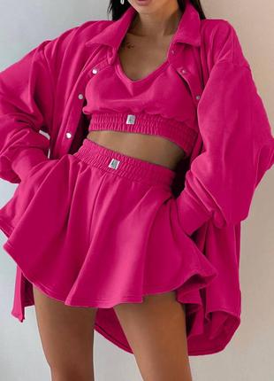 Фуксия розовый женский летний костюм шорты рубашка оверсайз свободного кроя женский повседневный прогулочный летний костюм