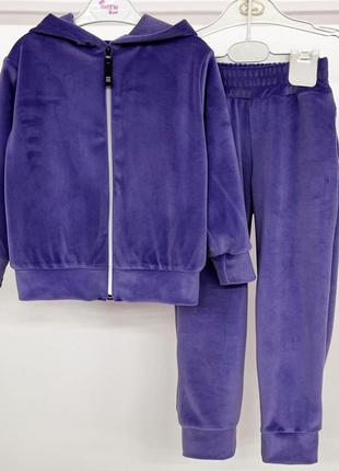 Костюм двойка детский велюровый, худи с капюшоном - толстовка на молнии, штаны, фиолетовый1 фото