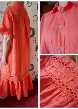 Льняное платье-рубашка eco italy коралловое 80% лен вискоза2 фото