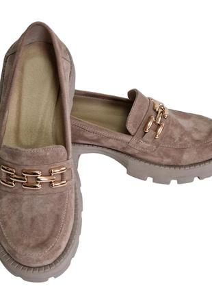 Замшевые туфли лоферы женские на утолщенной подошве цвет капучино 36-41 изготовление на заказ от производителя3 фото