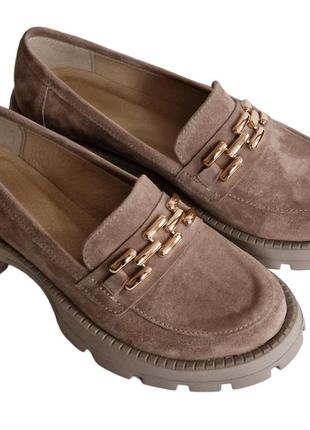 Замшевые туфли лоферы женские на утолщенной подошве цвет капучино 36-42 изготовление на заказ