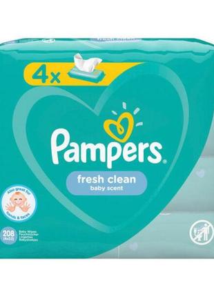 Дитячі вологі серветки pampers fresh clean 208 шт (4х52 шт)