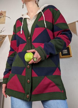 Кардиган винтажный  геометрия зеленый цветной абстракция шерсть на пуговицах кофта