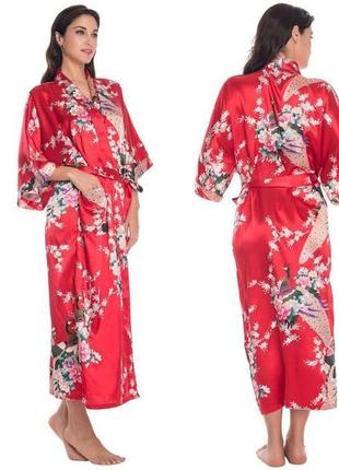 Халат-кимоно сатиновый, красного цвета с павами2 фото