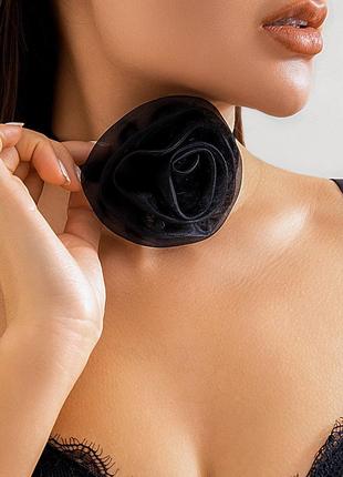 Цветок черный чокер, украшение на шею на шнурке женское
