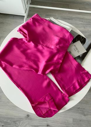 Штани брюки кльош малинові рожеві атлас сатин zara wide leg4 фото