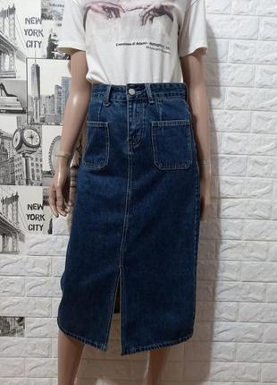 Винтажная джинсовая юбка миди с актуальным разрезом спереди 100% хлопок.4 фото