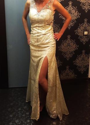 Платье вечерние xs 36 42-44 выпускное золотое в пайетках паетках золотого камнях2 фото