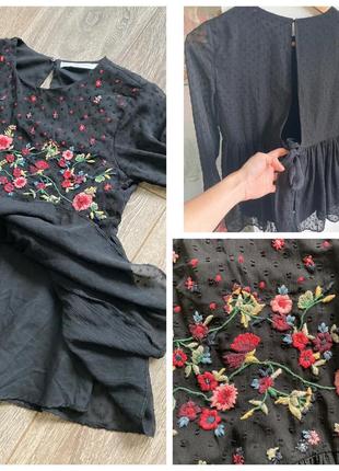 Zara xs-m черная шифоновая вышитая вышиванка рубашка с баской воланом на подкладке блуза2 фото
