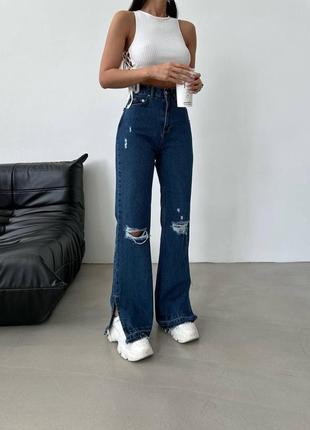 Женские джинсы трубы на высокой посадке, прямые, синие, с разрезами, рваные, с вырезами, расширенные, широкие, брюки, классические