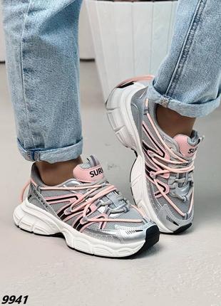 Кросівки під бренд жіночі срібло + родні кроссовки на весну сетка на платформе6 фото