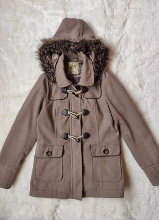 Бежевое коричневое твидовое теплое твид пальто деми с капюшоном мехом латками на рукавах1 фото