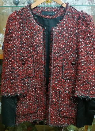 Очень стильный твидовый пиджак с рукавами из натуральной кожи2 фото