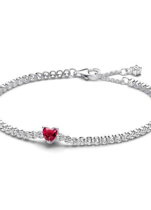 Оригинал пандора оригинальный серебряный браслет 590041c02 серебро теннисный дизайн камни паве красное сердце сердечко камень красный с биркой новый
