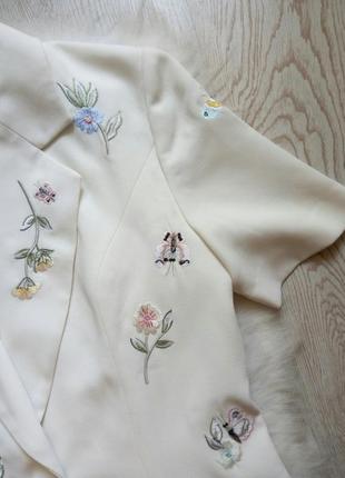 Белый длинный пиджак жилет с блузой цветочная вышивка блейзер рукавами льняной лен8 фото