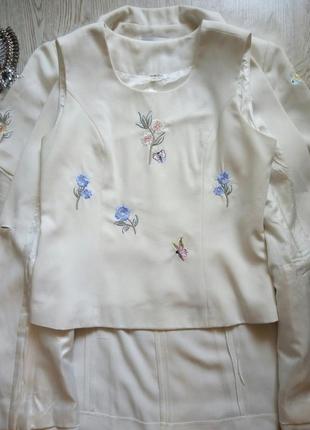 Белый длинный пиджак жилет с блузой цветочная вышивка блейзер рукавами льняной лен5 фото