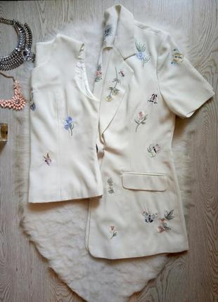 Белый длинный пиджак жилет с блузой цветочная вышивка блейзер рукавами льняной лен2 фото