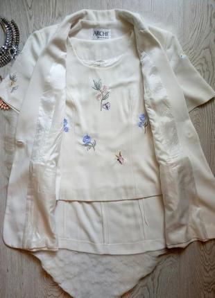 Белый длинный пиджак жилет с блузой цветочная вышивка блейзер рукавами льняной лен4 фото