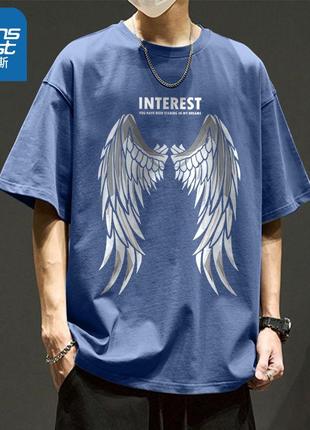 Молодежная футболка оверсайз крылья хлопок синий1 фото