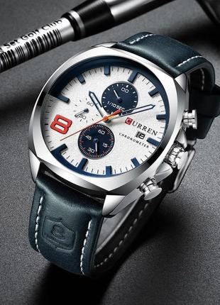 Чоловічий класичний кварцевий  наручний годинник з хронографом curren 8324. зі шкіряним ремінцем. silver-white