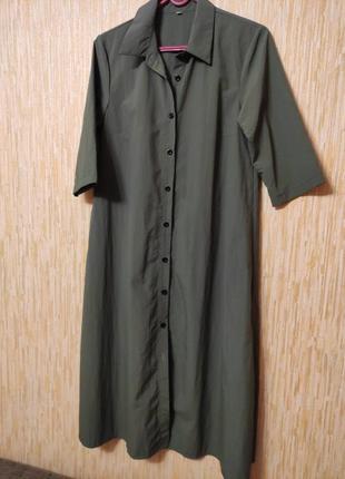 Длинное платье-рубашка цвета хаки р.46-48/м