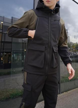 Чоловіча весняна куртка чорна хакі преміум якості софтшел на мікрофлісі багато кишень