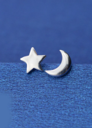 Сережки луна месяц звезда звездочка серьги серьги-гвоздики ассиметричные медь серебро1 фото