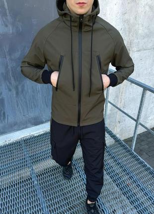Комплект чоловіча весняна куртка + штани софтшел на мікрофлісі преміум якості чорний хакі
