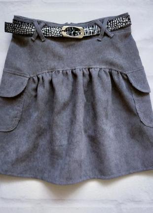 Детская вельветовая юбка с поясом. светло-серая детская юбка. микровельвет. 110-146рр