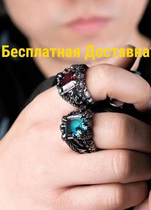 Перстень с камнем в лапе дракона. красный/бирюзовый. регулируемый размер 9-10-11