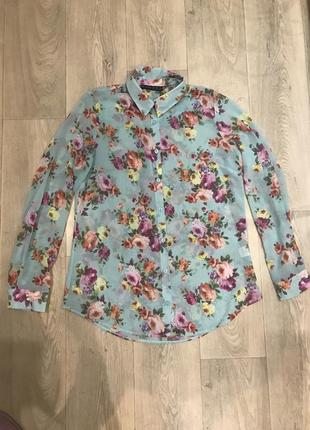 Рубашка блуза блузка xs s мятного цвета в цветочный принт1 фото