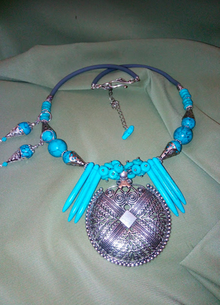 Дизайнерский стильный чокер колье ожерелье бирюза серебро серьги набор разбиваю бохо2 фото