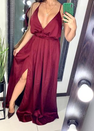 👗длинное бордовое платье с разрезом/марсаловое вечернее платье с декольте открытая спина👗1 фото