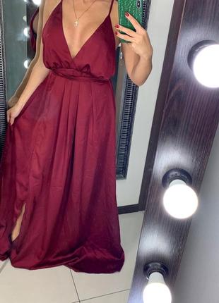 👗длинное бордовое платье с разрезом/марсаловое вечернее платье с декольте открытая спина👗2 фото